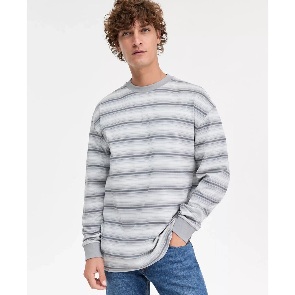 Hugo Boss Men's Cotton Nsolog Long-Sleeve Crewneck Striped T-Shirt Gray M